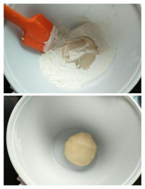 接着做油稣，低筋面粉和猪油倒入容器；揉成团即可