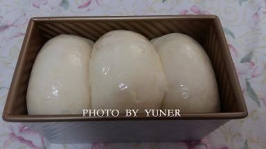 发酵至九分满，用手轻按面团表面，能缓慢回弹表示发酵完成。刷蛋液。