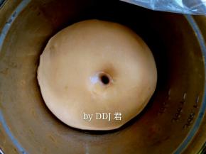 面团打至2至2.5倍大就可以了，不会看的就用手指沾点面粉，戳进去不回缩就表示发好了