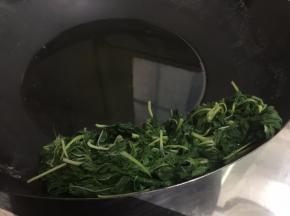 6. 把煮好的麻叶捞在锅壁上控干水，为了下一个步骤缩短时间，用筷子在麻叶上压一压把水份压出来，把剩余的水倒掉