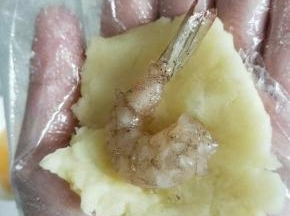 取少许土豆泥包入一只腌好的虾，团成球，虾尾露在外面。