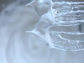 蛋白中分三次加入细砂糖，打发至干性。