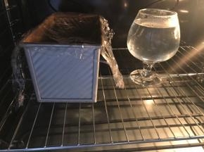 盖一张保鲜膜，不需要太严实，放一杯热水，关好烤箱门等待二次发酵