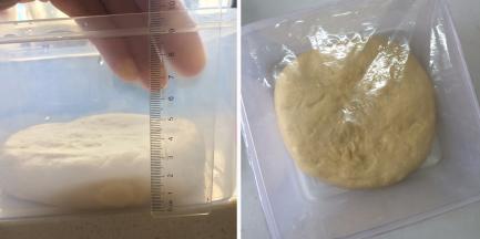 面团放至保鲜盒中加保鲜膜，室温下进行一发，可以用直尺记下面团高度，用以确认面团的变大倍数