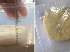 面团放至保鲜盒中加保鲜膜，室温下进行一发，可以用直尺记下面团高度，用以确认面团的变大倍数