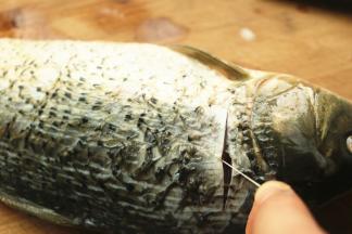 鲤鱼一条，买的时候让师傅收拾干净。鱼鳃处切一刀，找到白色的鱼线，一手拉着，另一只手用刀背轻拍鱼身，慢慢拉出来。这个比较腥，一定要去除，两边各有一条。