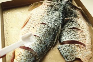 鱼身上抹盐，烤盘刷一些油，把鱼放入腌制20分钟。