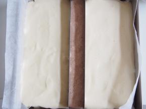 留一点面糊加入可可粉，切拌均匀后放入中间饼干模上，其他面糊倒入两边