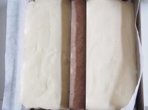 留一点面糊加入可可粉，切拌均匀后放入中间饼干模上，其他面糊倒入两边