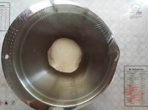 面团揉好后取出放入盆子里盖上保鲜膜室温下发酵（室温29度）