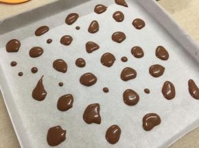 可可蛋糕糊装进一次性裱花袋内，在垫有油纸的烤盘上挤出不规则的图形