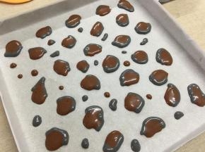 竹炭粉蛋糕糊装进一次性裱花袋内，在可可图形边上挤半圈，形成“豹纹”