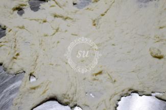 粉类材料和酵母+水 一起混合，揉匀后快速呈射线状推开至开始出现膜（使用机器揉面的请忽略这一步，直接混合放入机器开启揉面程序即可，夏天面包机揉面的话请开盖操作）