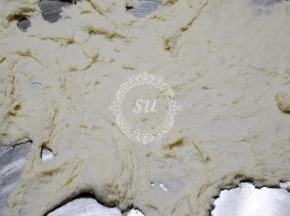 粉类材料和酵母+水 一起混合，揉匀后快速呈射线状推开至开始出现膜（使用机器揉面的请忽略这一步，直接混合放入机器开启揉面程序即可，夏天面包机揉面的话请开盖操作）
