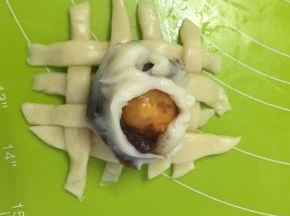馅料包好放在编制好的面皮上