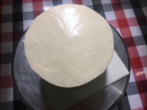 奶油霜给蛋糕抹面，由于要长时间画画，所以只能用奶油霜抹面，娇气的淡奶油是不能承受这样长时间暴露在外哦……