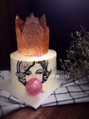 皇冠脱模，放蛋糕上，糖果玻璃罩插进嘴巴部位（最好插2根牙签固定一下位置！