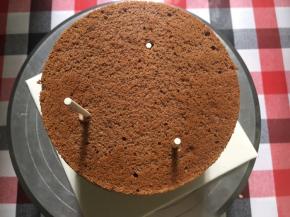 由于我做的是戚风蛋糕坯，承重能力不强，所以需要打桩，就是弄到第5片蛋糕坯的时候，分别在3个位置插上纸棒（棒棒糖的那种纸棒）……直到6片蛋糕坯5层巧克力奶油都弄好以后，放冰箱冷藏备用