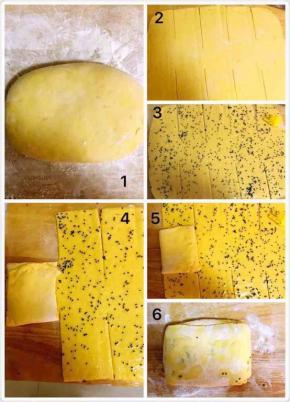 5.发酵好的面团揉圆，整形至长方形，擀成长方形面饼，分割成图示样子，然后刷油撒盐，五香粉及黑芝麻，并按图示步骤卷起！(喜欢甜口的可以替换成糖，果汁其它你喜欢的东西，比如花生酱，芝麻酱等)