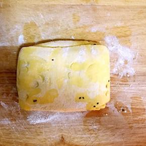 6.卷好后，均匀擀至正方形(这是卷好未擀的图，原谅那孩子的小爪印，拍照个功夫，上来几把，全是指甲印)