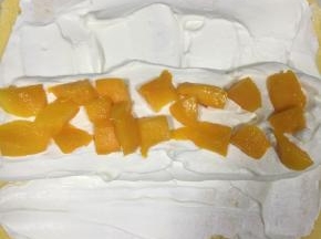 等蛋糕凉的同时我们来打发夹馅用的奶油，200g淡奶油加入20g砂糖打发到可以裱花的状态，芒果去皮切丁备用。蛋糕没有豹纹那一面抹上一层奶油，在蛋糕1/3处用奶油堆高，再放上芒果果肉