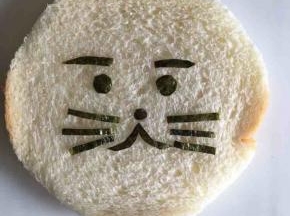 用一片海苔片剪出小狮子的眼睛、眉毛、鼻子、嘴巴和胡须，稍微沾一点点纯净水就可以粘在一片吐司片上