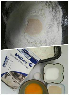 准备好所有材料，放入面包机内启动和面程序两个，揉到扩展阶段