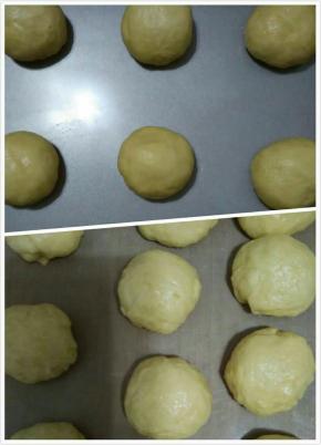 发酵至二倍大时停止发酵，取出面团揉揉排气，平均分成9份。揉圆松弛15分钟