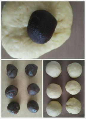 豆沙馅平均分成六份，发酵好的面团取出轻轻揉排气，平均分成六份揉圆松弛10分钟。取一份面团按扁把豆沙馅包裹起来收口朝下