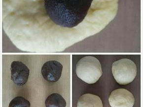 豆沙馅平均分成六份，发酵好的面团取出轻轻揉排气，平均分成六份揉圆松弛10分钟。取一份面团按扁把豆沙馅包裹起来收口朝下