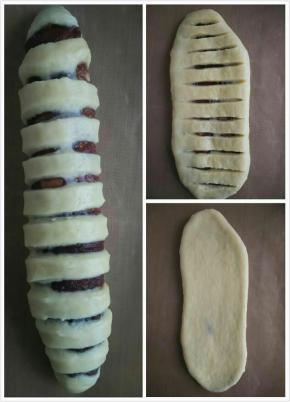 包裹好豆沙馅的面团用擀面杖轻轻擀成牛舍状，用刀片轻轻划几下，露出豆沙馅即可。反转卷起来捏好收口