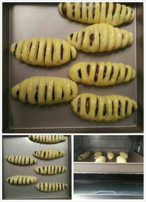 依次做好放入烤盘里，放烤箱进行二次发酵，发酵至二倍大时取出，刷蛋液