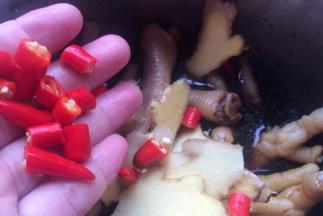 把陈醋，生抽，芝麻油，白砂糖一起放入干净无生水的容器中搅拌均匀，再放入鸡脚，提前切好的柠檬片，姜片，小辣椒再搅拌一次。