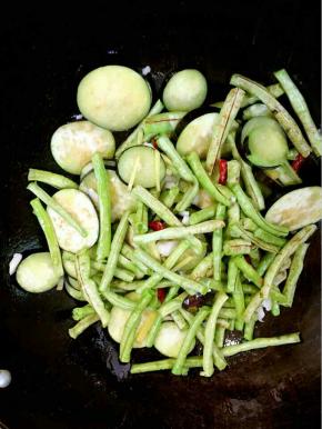 放入处理好的茄子和豆角翻炒均匀！

