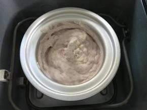 9、按下开始键，拿出冷藏的淡奶油慢慢地倒入冰淇淋桶内。