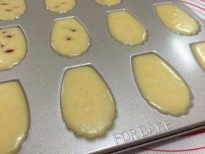 10.在挤好的蛋糕糊中码上少许蔓越莓干
有一半我没放蔓越莓干，因为我家最小的宝宝不爱吃
所以一半有，一半没有（水果干可按个人喜好）