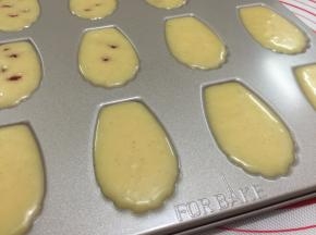 10.在挤好的蛋糕糊中码上少许蔓越莓干
有一半我没放蔓越莓干，因为我家最小的宝宝不爱吃
所以一半有，一半没有（水果干可按个人喜好）