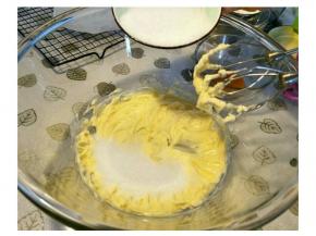 加入一半白砂糖，搅打看不到砂糖，加入剩余一半，继续搅匀。同样不可过度打发。