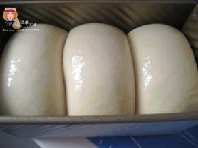 面团发酵至吐司模八分满，盖上盖，放入预热200度的烤箱中下层，烤45分钟（温度视自有烤箱情
   况来定）。