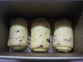 将卷好的面团放入吐司模中，套上保鲜膜，放温暖处发酵；