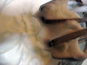 蛋白加入二三滴白醋和少许盐，用打蛋器分三次加糖，将蛋收打至干性发泡；