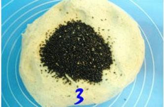 在揉好的面团中放入黑芝麻；