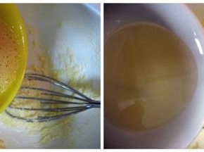 将蛋液与植物油分次少量，交替加入到黄油中搅拌均匀（每次加入蛋液搅匀，然后加入植物油匀，再加入蛋液。如此反复多次直至所有蛋液与油全部加到黄油中）。