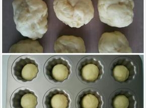 发酵至二倍大时停止发酵，取出轻揉排气，平均分成12份，揉圆松弛18分钟。再次轻揉，揉成圆形发入模具中