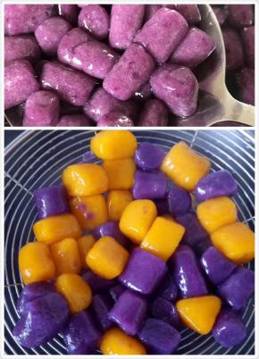 锅里放水大火烧开后放入刚刚搓好的紫薯粒，等待紫薯粒飘起来后再加入适量的清水，等紫薯粒再次飘在水面上即可出锅，沥水出锅后的芋圆放入冰水（或者凉水里过一下，可以让芋圆更加Q弹）