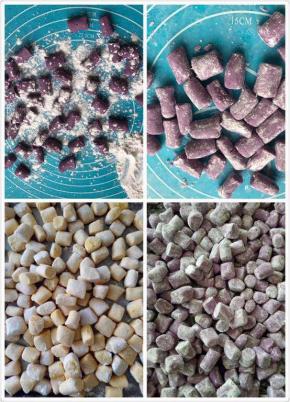 用同样的方法把红薯、南瓜做成如图，撒上木薯粉后可以放冰箱冷冻保存（记得用保鲜袋密封）一个月