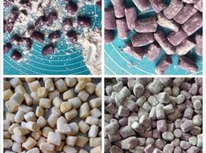 用同样的方法把红薯、南瓜做成如图，撒上木薯粉后可以放冰箱冷冻保存（记得用保鲜袋密封）一个月
