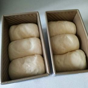 发酵到8分满就取出吐司盒，烤箱预热180度。