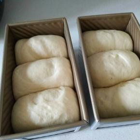 烤箱预热的时间，面团还在发酵，所以大概就到8-9分满了。