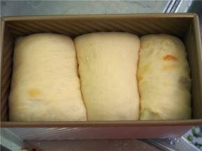 沿着一侧卷起来，收口捏紧并朝下放入吐司盒中，发酵至8分满，烤箱预热至170度左右，盖上盖放入中下层，50-60分钟左右即可。